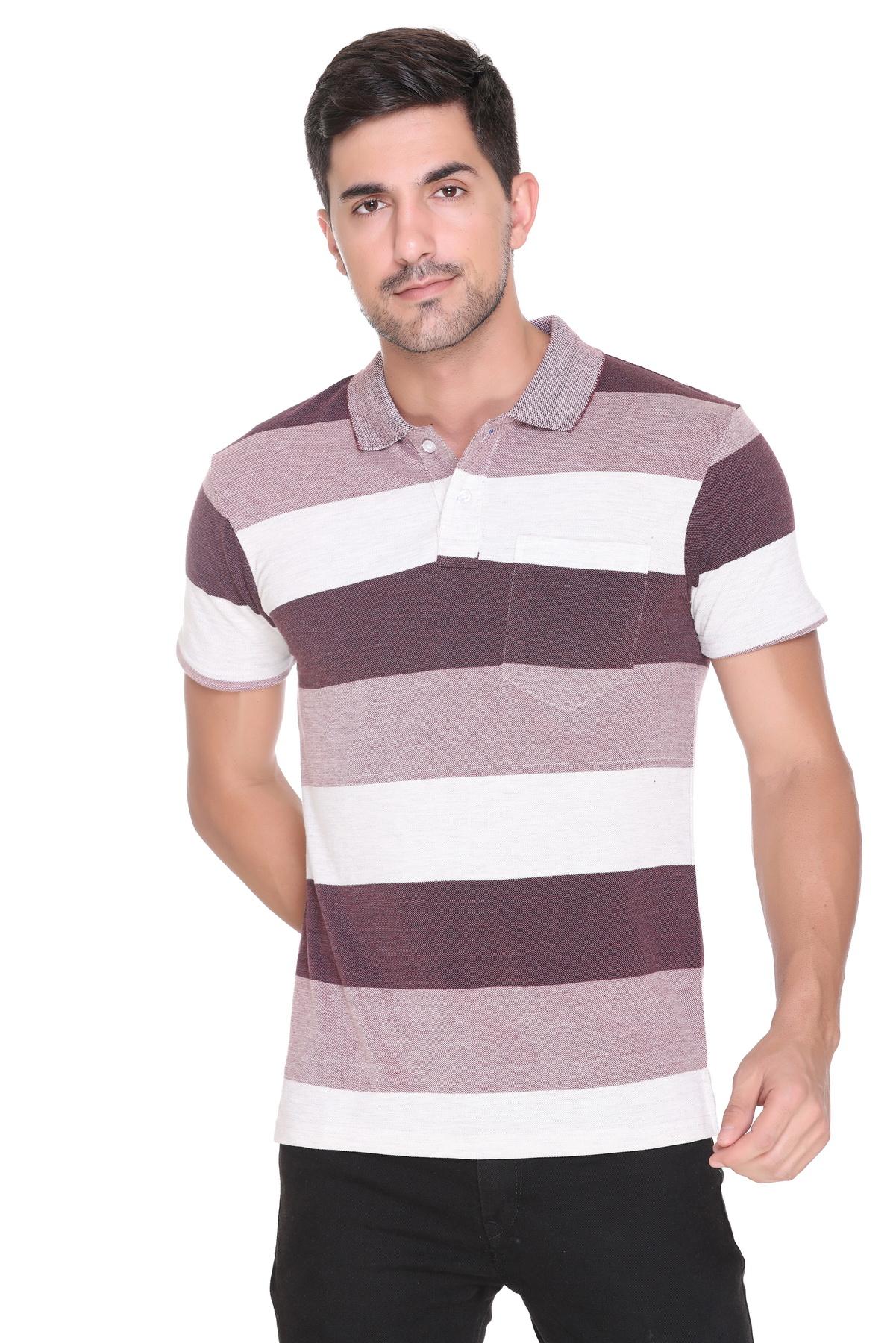 EKFX Men's Striped Polo Neck Magenta T-Shirt (1147)