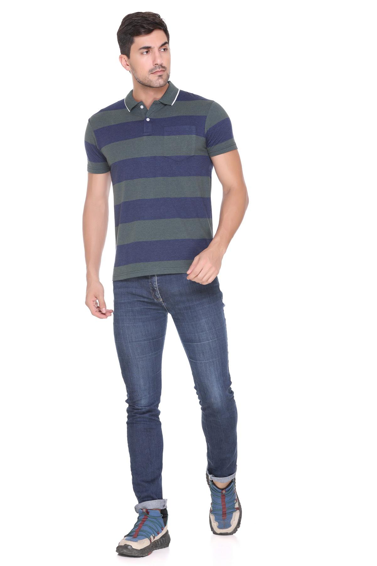 EKFX Men's Striped Polo Neck Green T-Shirt (1145)