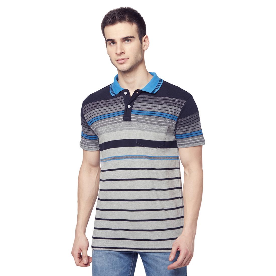 EKFX Mens Striped Polo Neck Blue T-Shirt