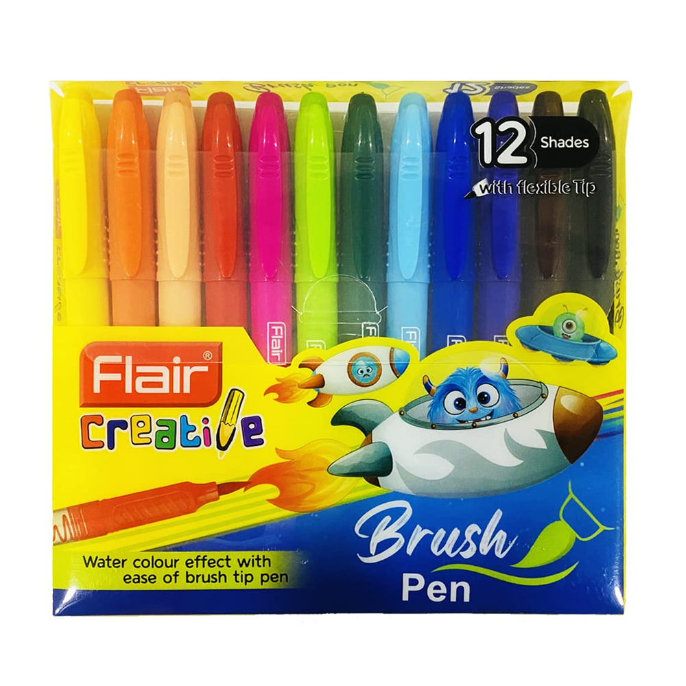 FLAIR Creative Brush Pen With Flexible Tip | Watecolour Effect & Smudge Free Writing | Non-Toxic & Safe For Childrens | A Great Tool For Lettering & Calligraphy | Set of 12 Bright Shades