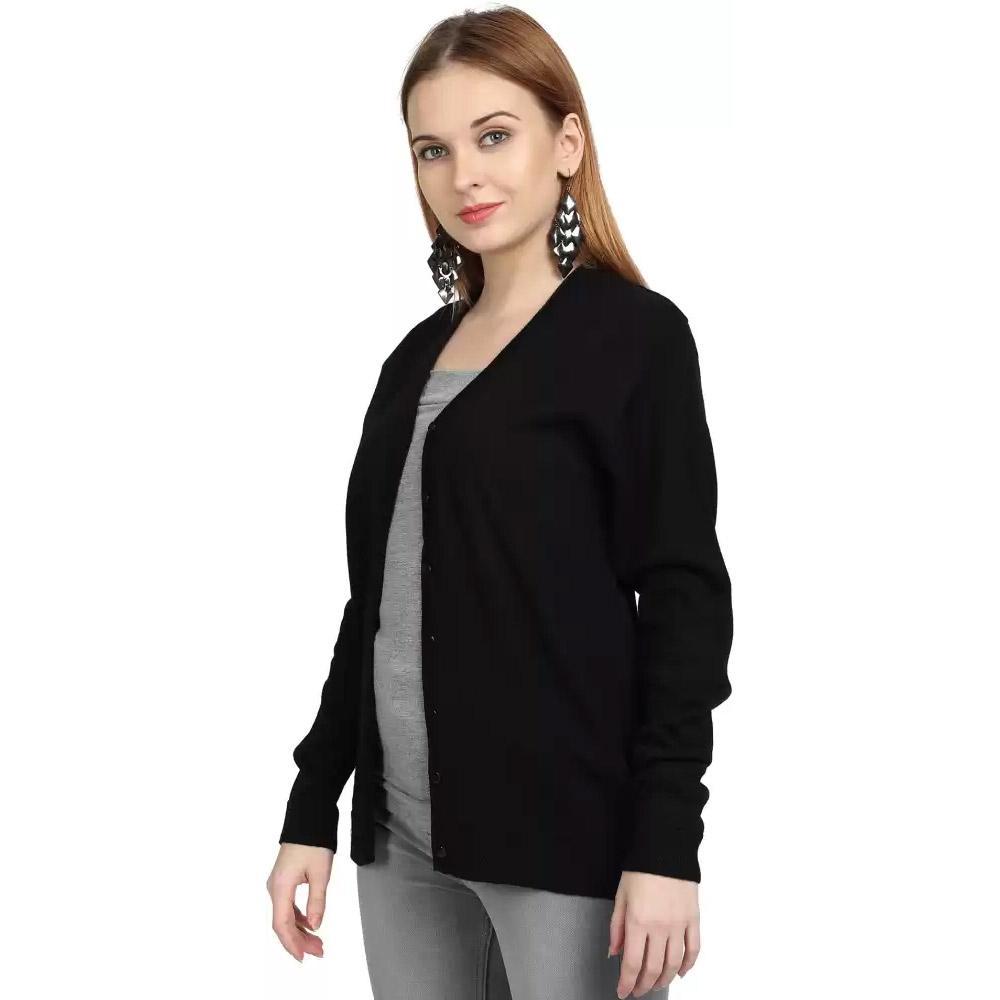 Companion Solid V Neck Casual Women Black Sweater