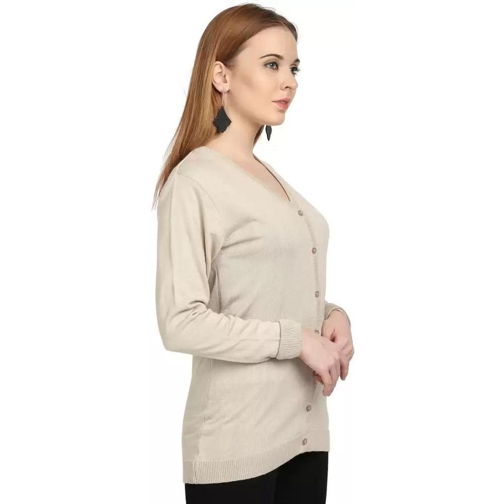 Companion Solid V Neck Casual Women Beige Sweater