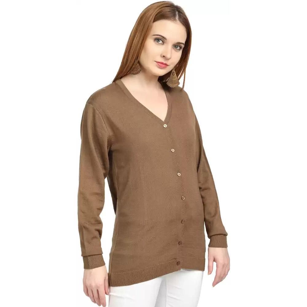 Companion Solid V Neck Casual Women Brown Sweater