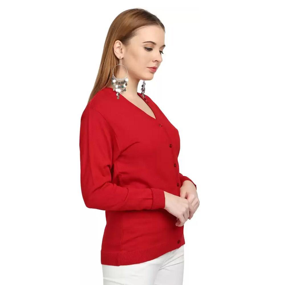 Companion Solid V Neck Casual Women Red Sweater