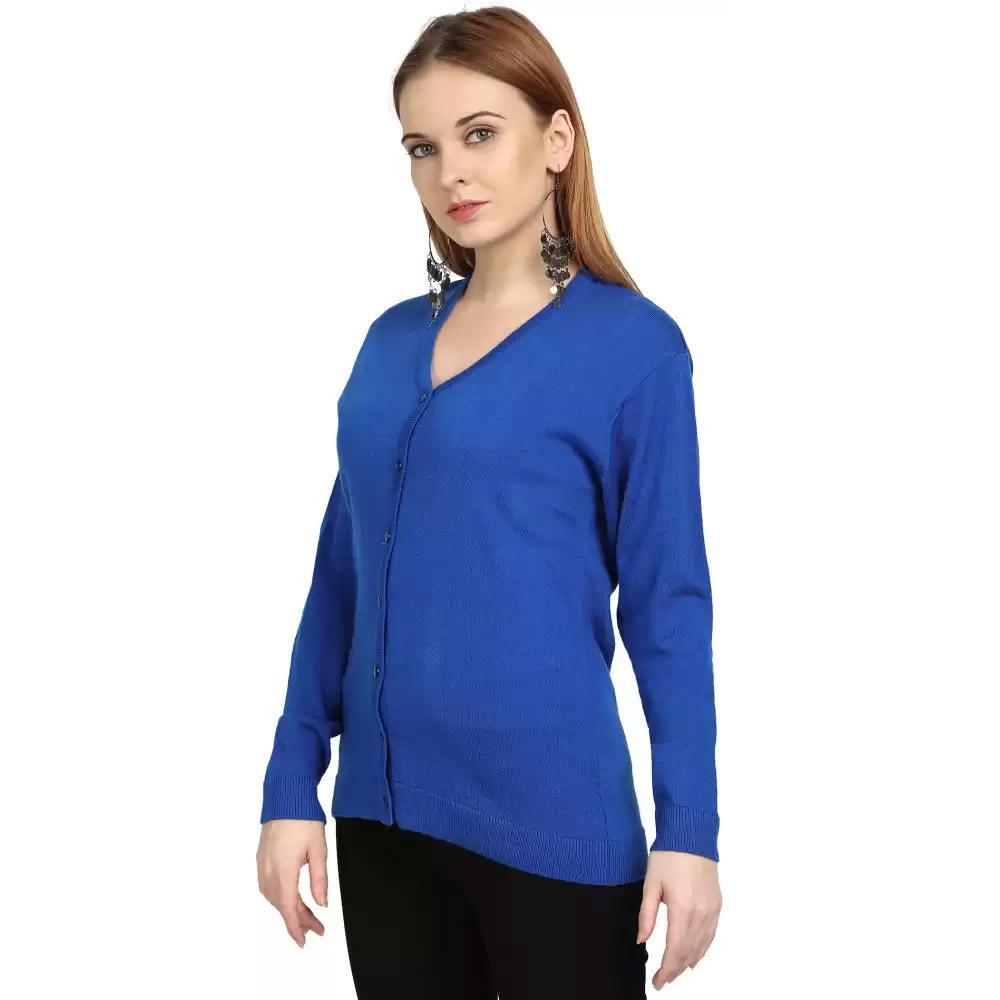 Companion Solid V Neck Casual Women Blue Sweater