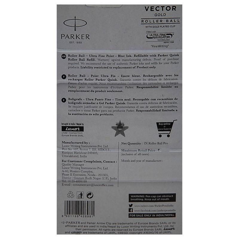 Parker Vector Roller Pen Blue Ink, Gold Plated,  , 1 N