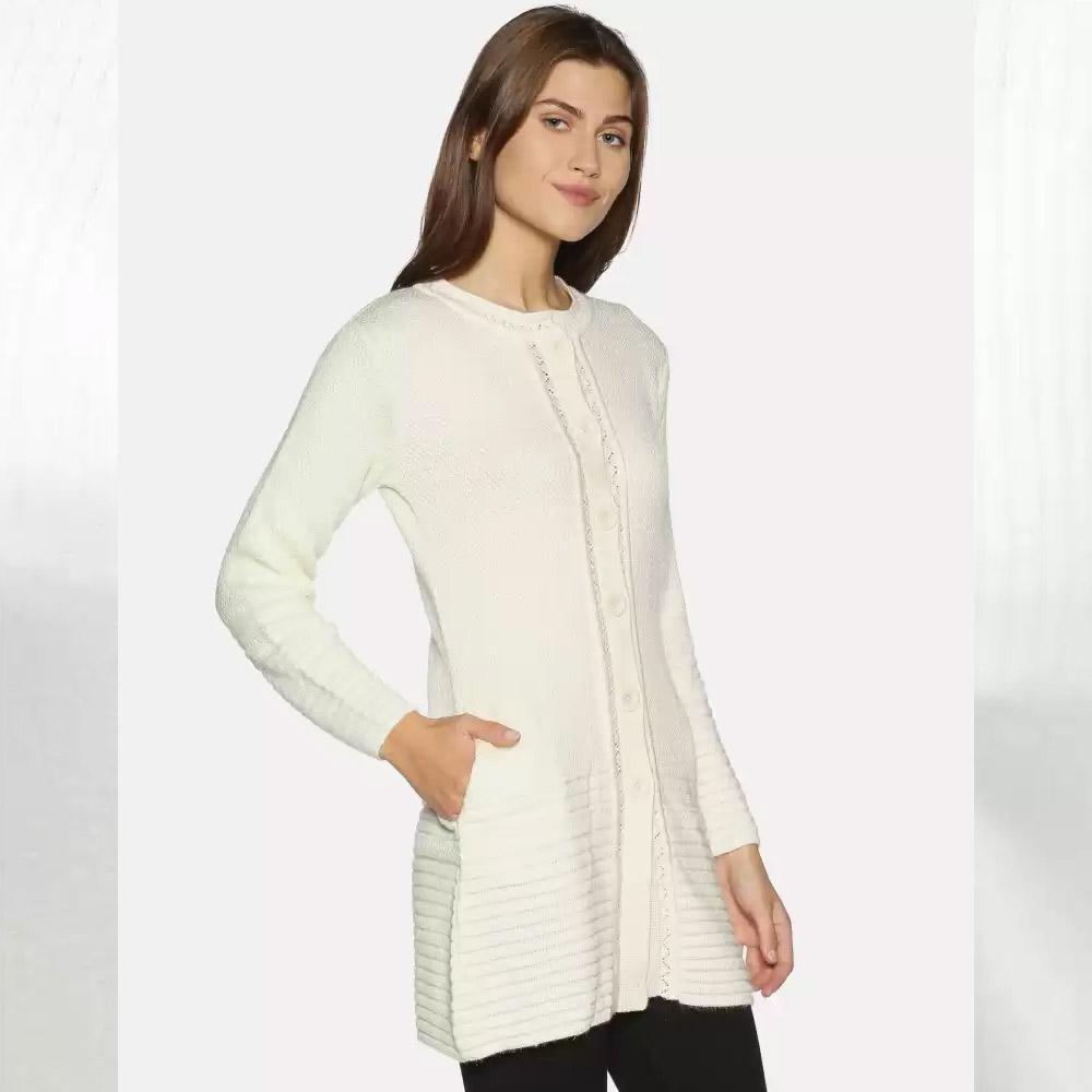 Companion Solid Round Neck Casual Women White Sweater
