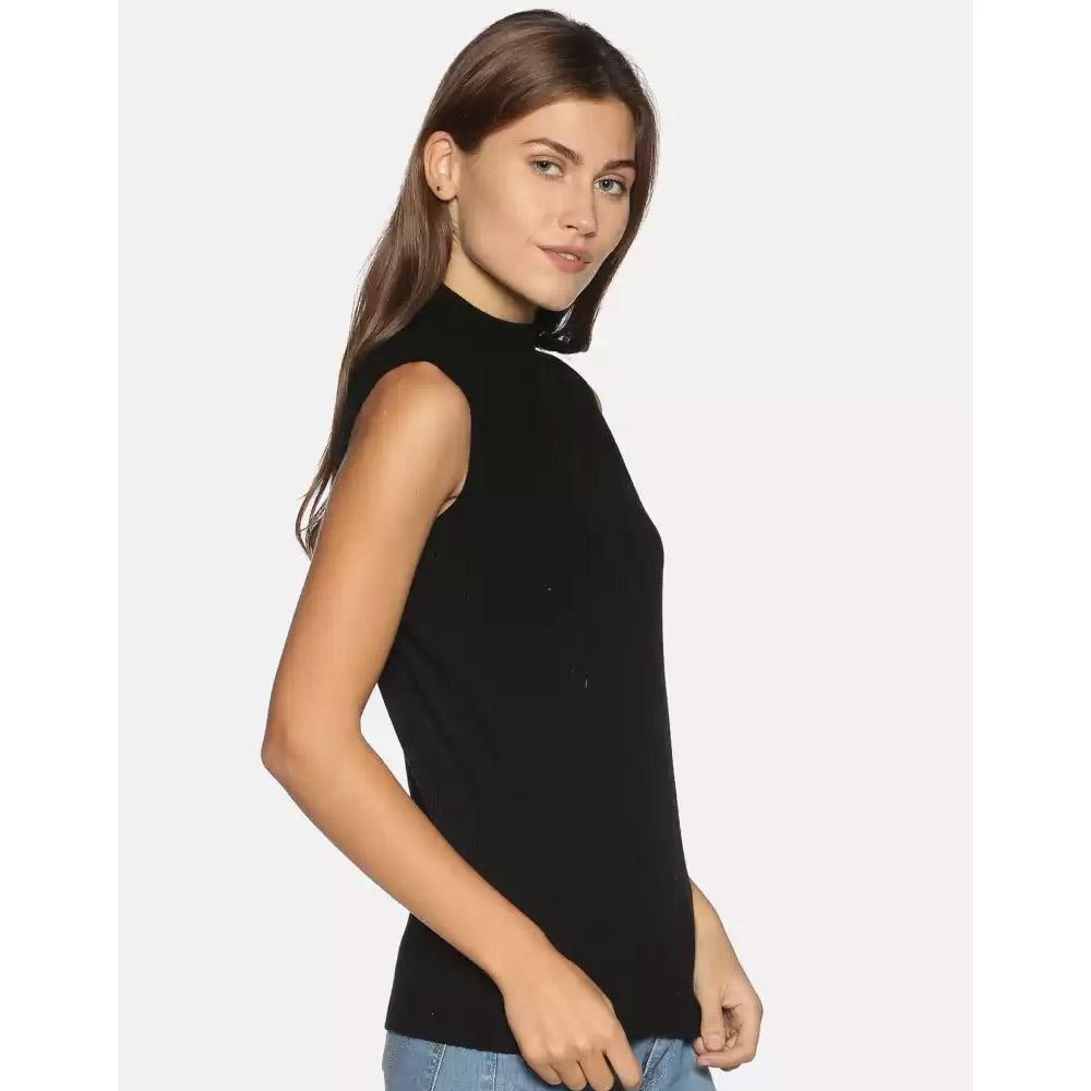 Companion Solid High Neck Casual Women Black Sweater Sleeveless