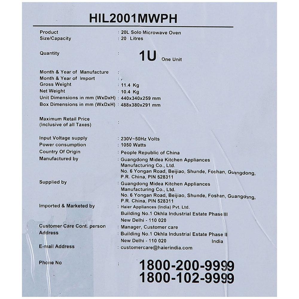 Haier HIL2001MWPH 20 L Solo Microwave 