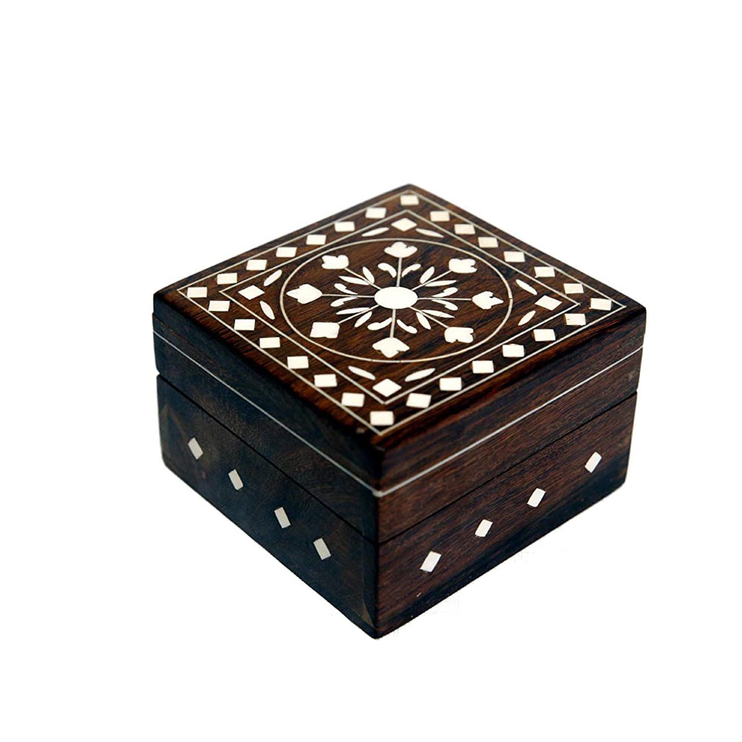 KBL Wooden Jewellery Box for Women Jewel Organizer Handcrafted/Handicraft Gift Items - 4 Inch x 4 inch Small (Brown)