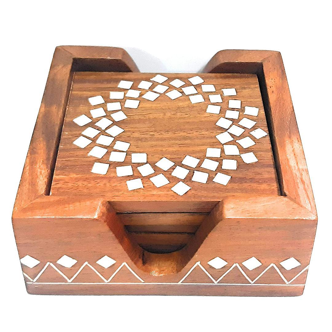 KBL Wooden Handmade Set of 6 with Decorative Holder Tabletop Coasters for Tea Coffee Cups Mugs Beer Cans Bar Glass Indian Handicrafts(4inchx4inch) Square