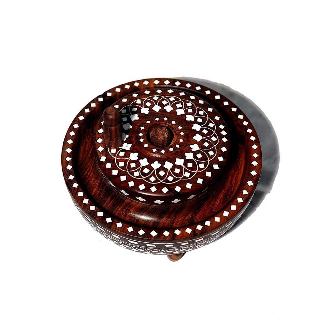 KBL Handmade Sheesham Wood Chakki Inlaid with Acrylic (Brown) 6 inch