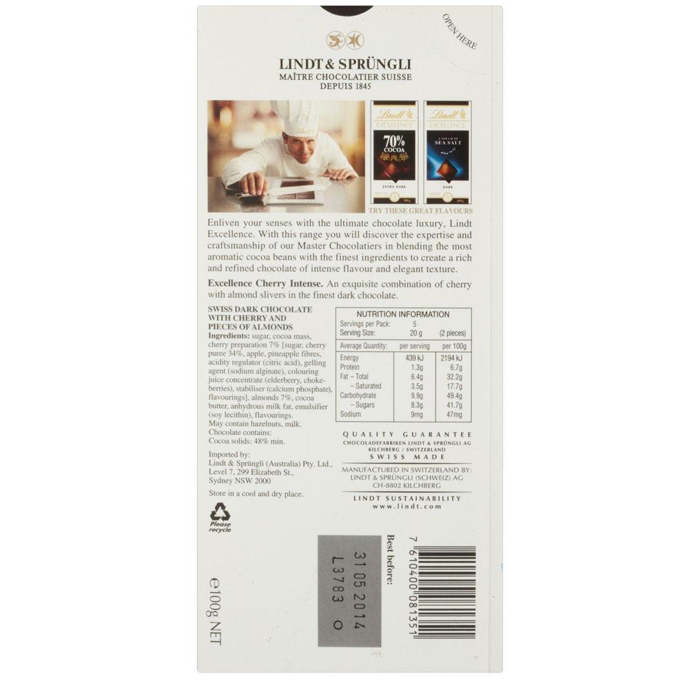 Lindt Excellence Cherry Intense Chocolate 100 Grams – Imported; Premium Quality.