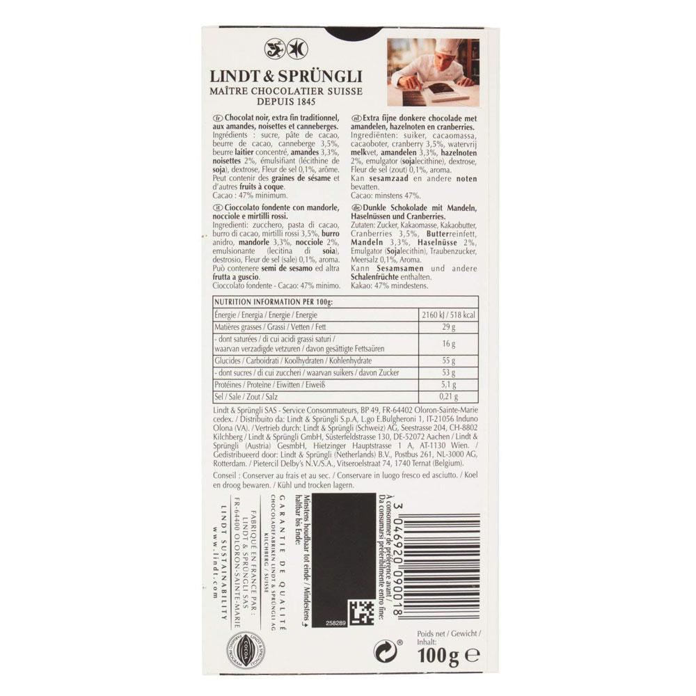 Lindt Excellence Cranberry Almond & Hazelnut Dark Chocolate Bar, 100g