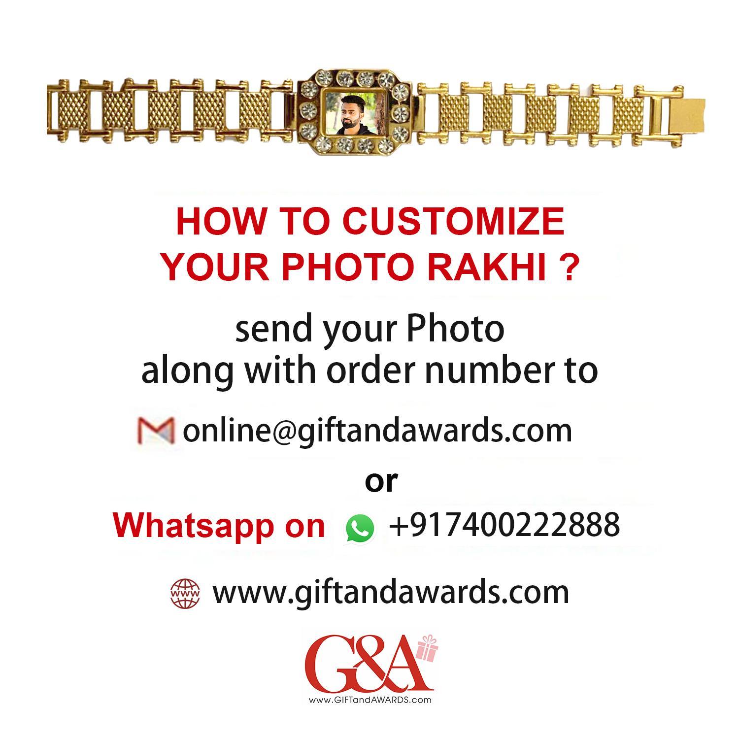G&A Golden Bracelet Style Personalised Photo Rakhi Rectangle