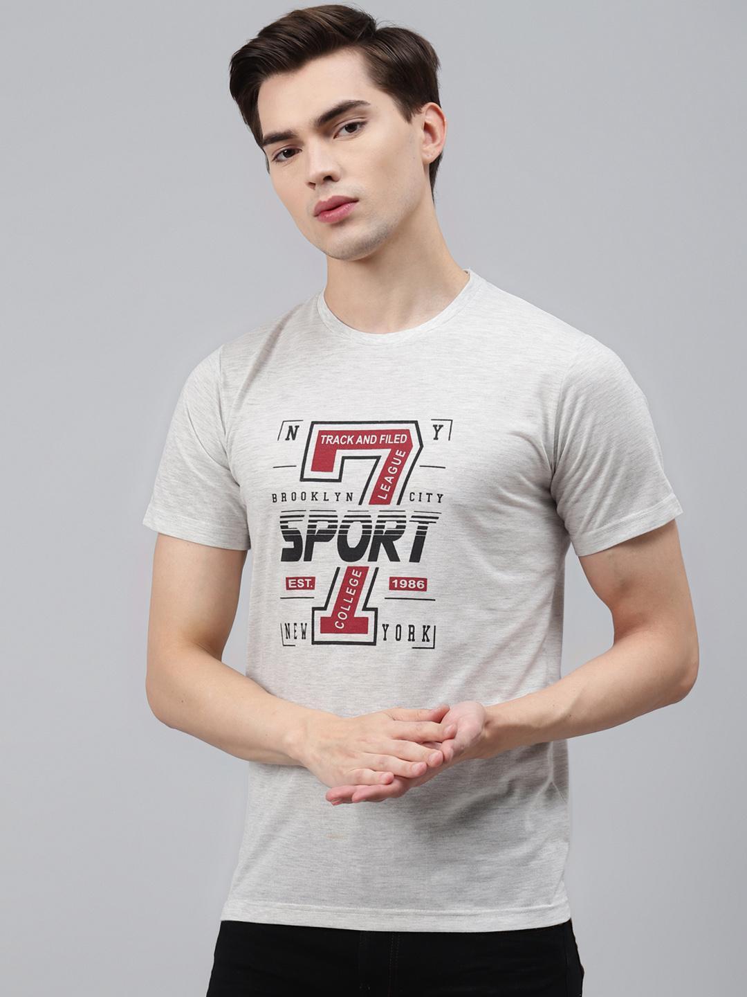 PICOT Men Grey Melange & Black Printed T-shirt