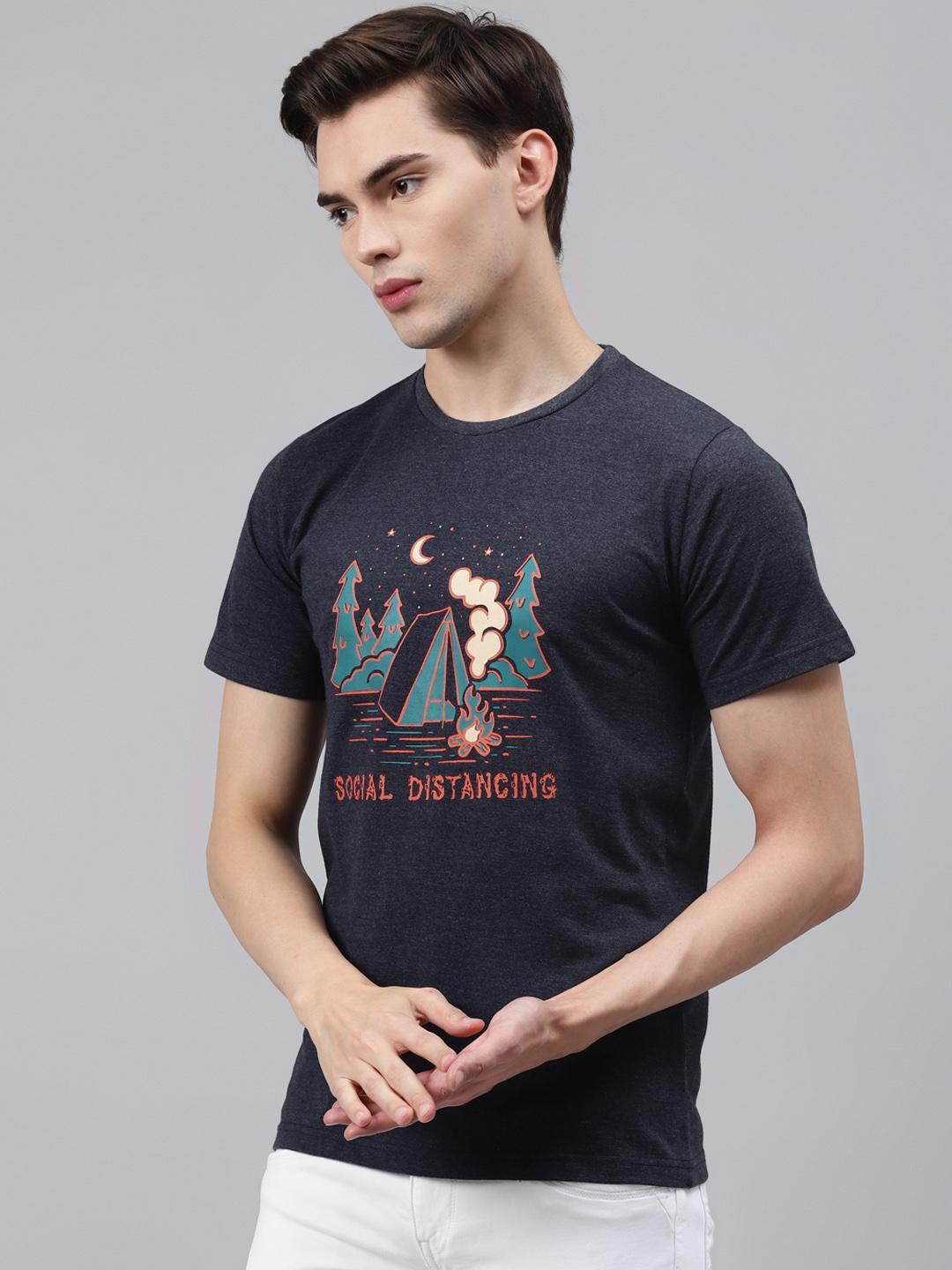 PICOT Men Navy Blue Printed Round Neck T-shirt