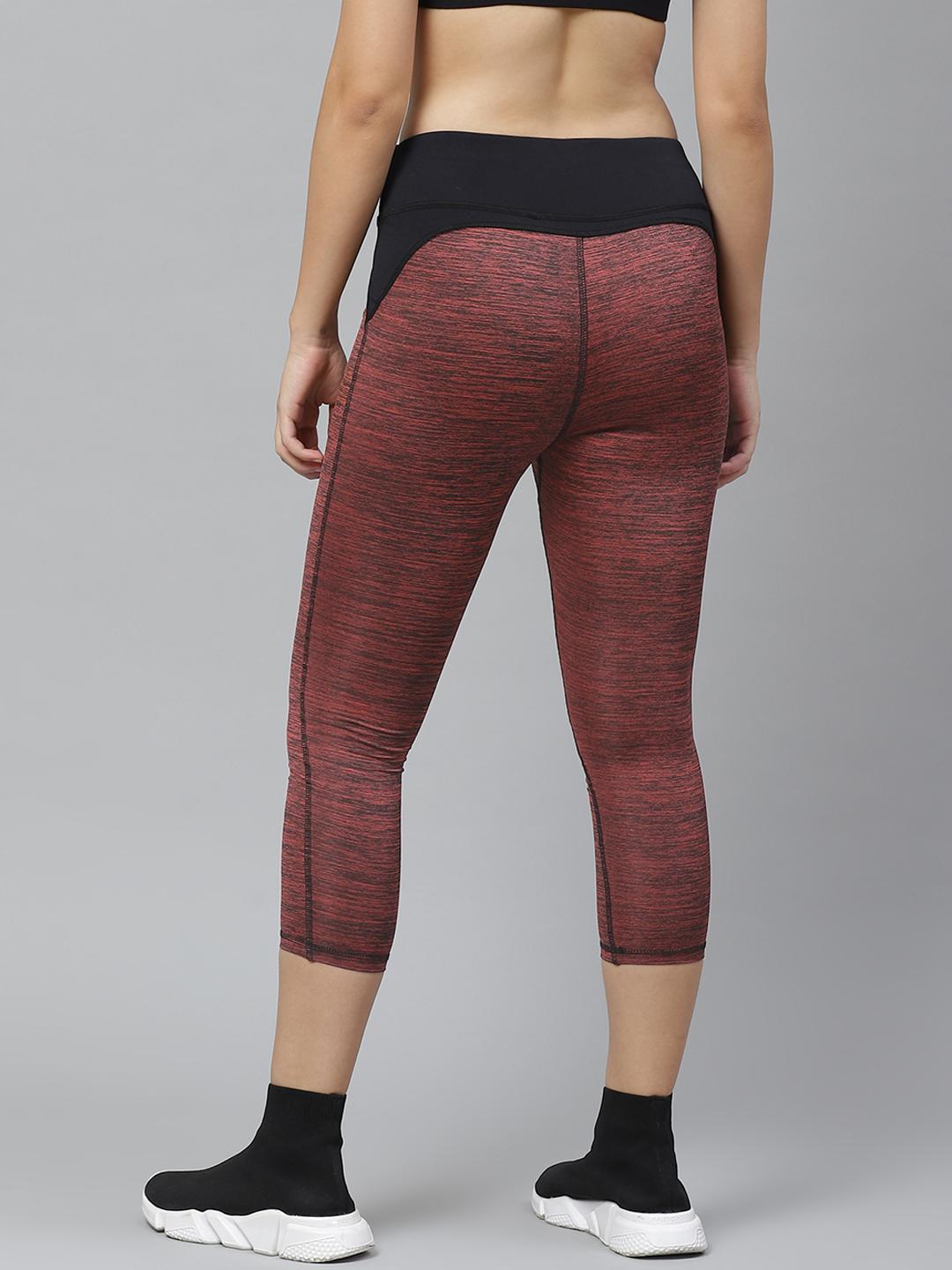 PICOT Women Rust Red & Black Solid 3/4th Tights with Melange Effect