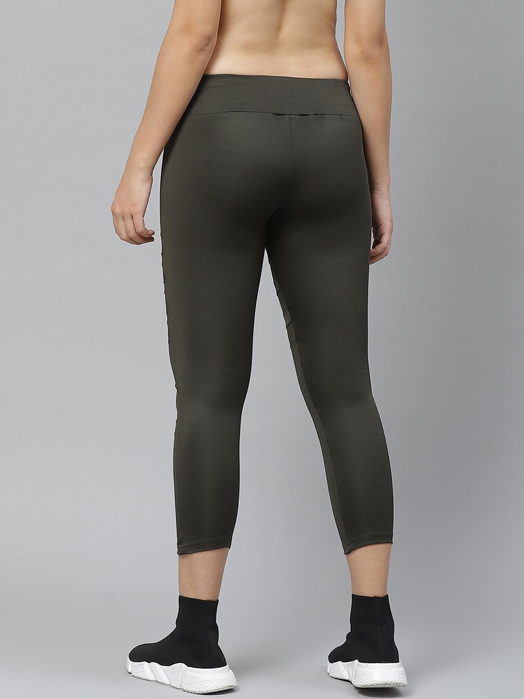 PICOT Women Olive Green Solid Cropped Tights with Mesh Detail