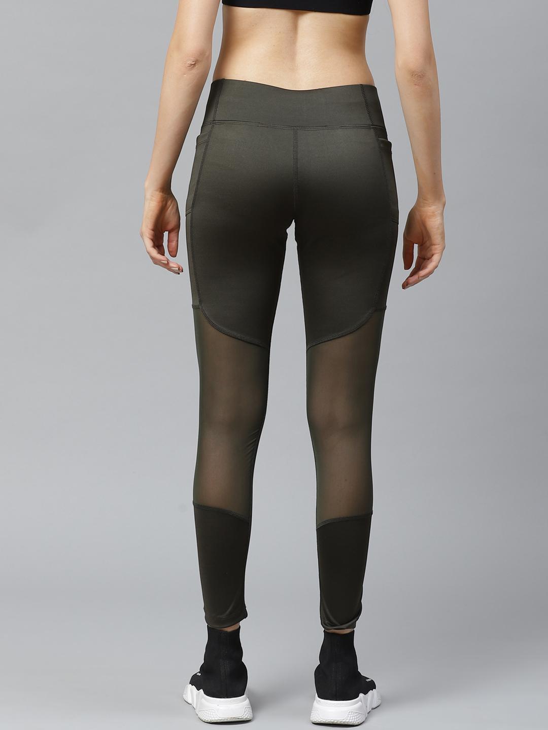 Women Olive Green Solid High Rise Tights with Mesh Detail