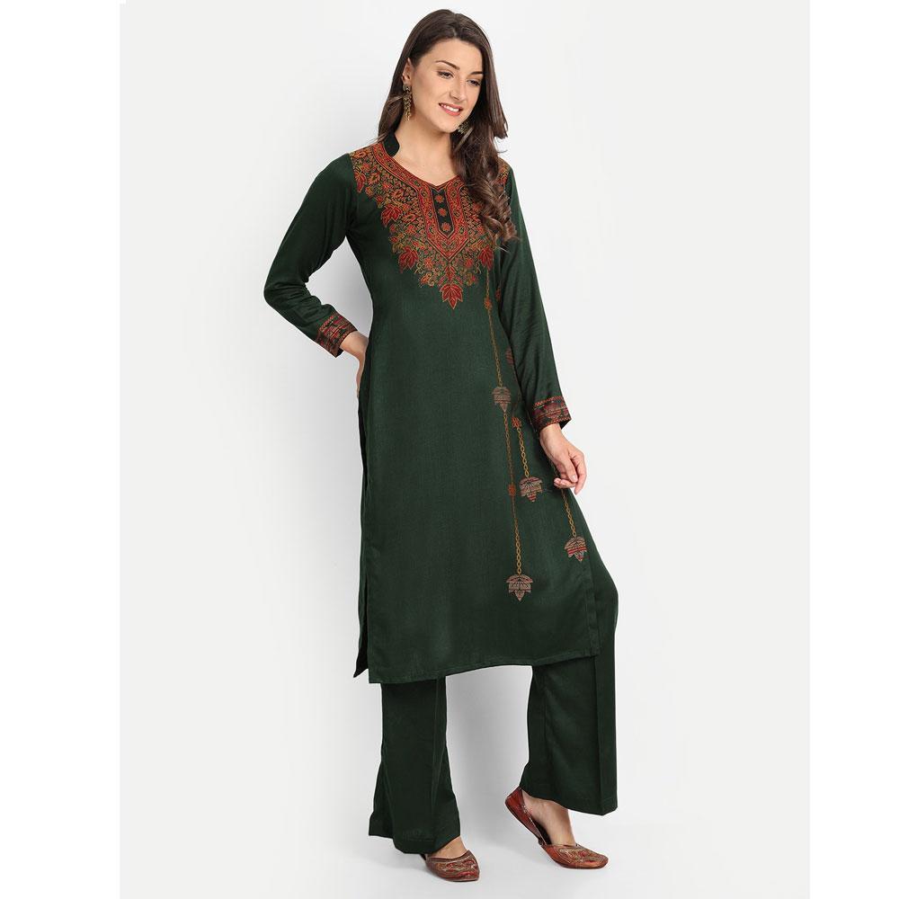 Hemkunt Fabrics Viscose Printed Unstitched Kurta & Palazzo Material (Bottle Green)