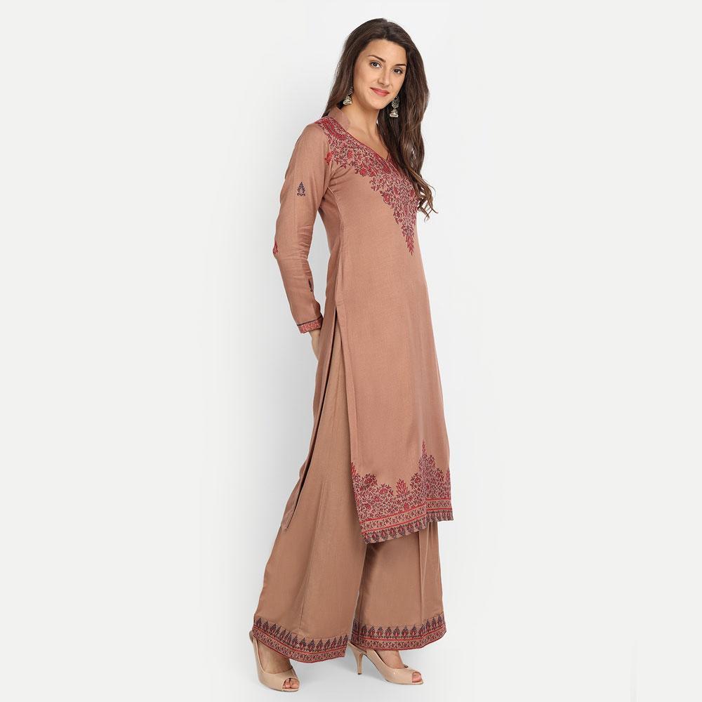 Hemkunt Fabrics Viscose Printed Unstitched Kurta & Palazzo Material (Camel)