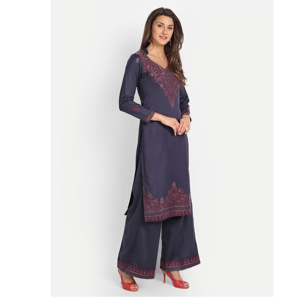 Hemkunt Fabrics Viscose Printed Unstitched Kurta & Palazzo Material (Dark Grey)