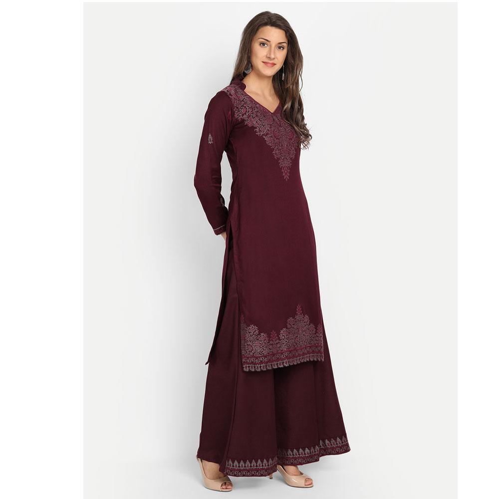 Hemkunt Fabrics Viscose Printed Unstitched Kurta & Palazzo Material (Wine)
