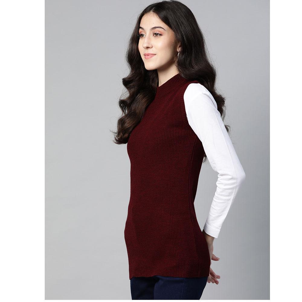 Women Maroon Melange  Mock Neck Top