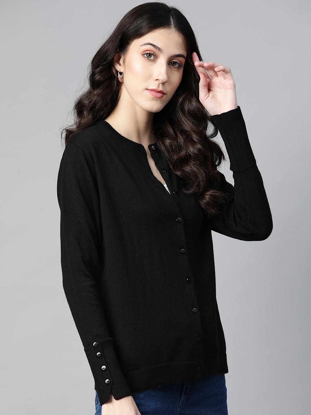 Women Black Round Neck Cardigan With Buttoned Sleeves