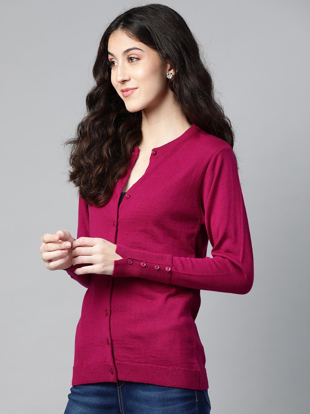 Women Magenta Round Neck Cardigan With Buttoned Sleeves