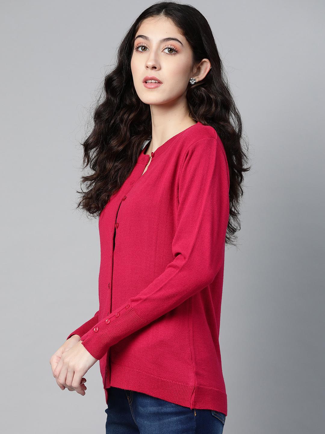 Women Wine Red Round Neck Cardigan With Buttoned Sleeves