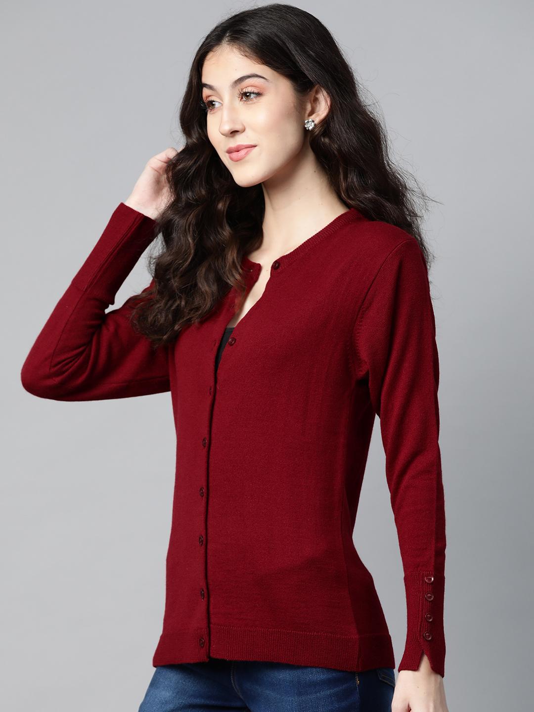 Women Maroon Round Neck Cardigan With Buttoned Sleeves