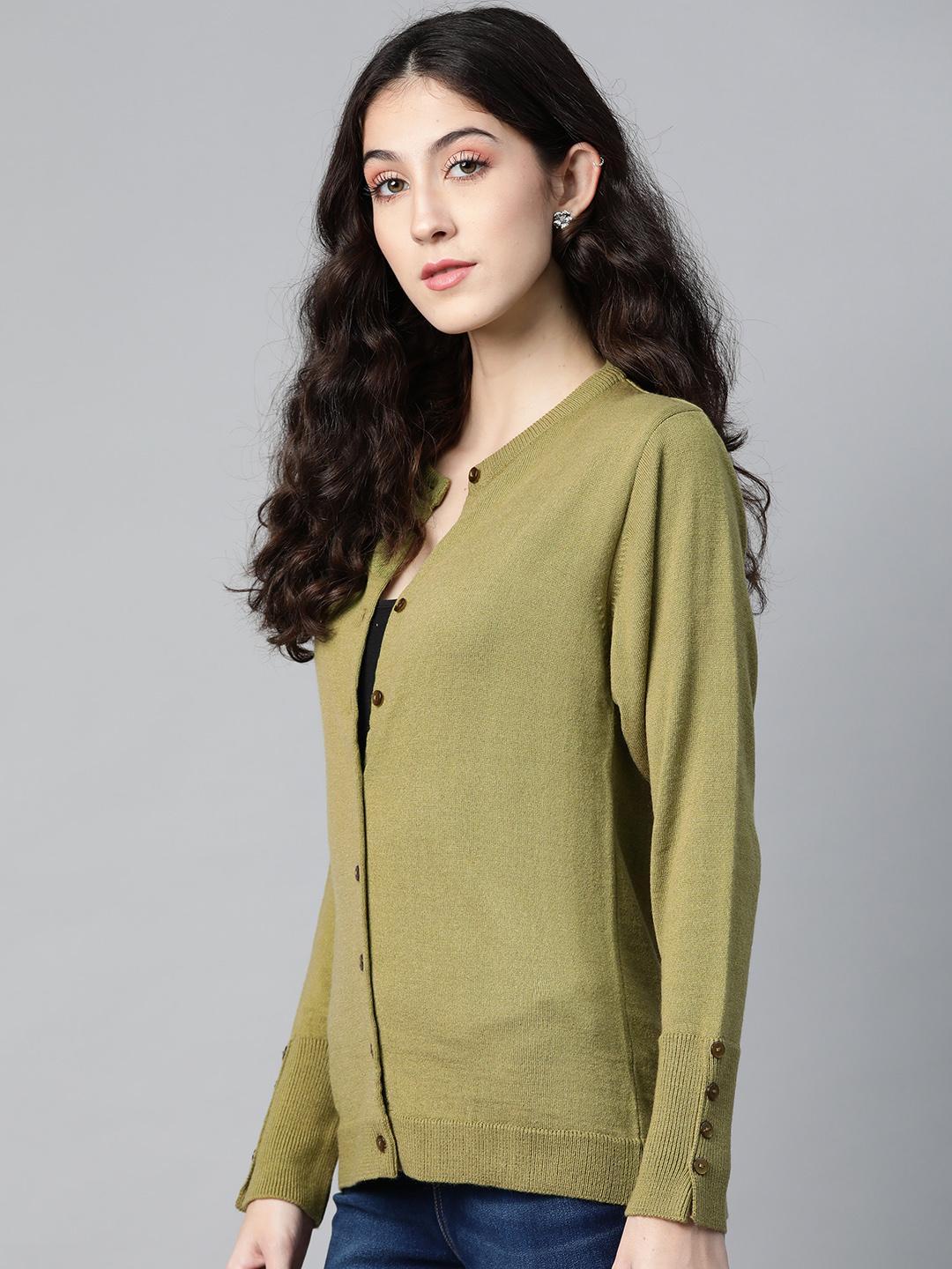 Women Pista Green Neck Cardigan With Buttoned Sleeves