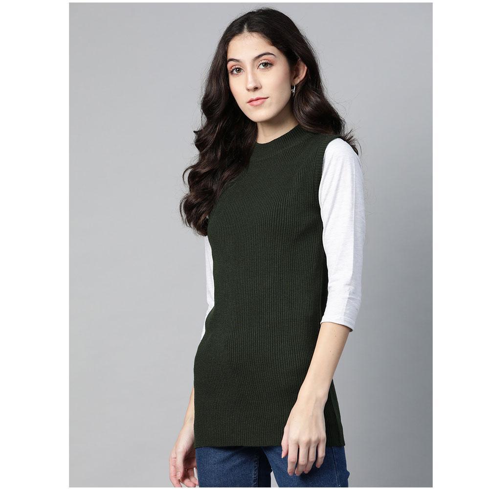 Women Bottle Green Mock Neck Top