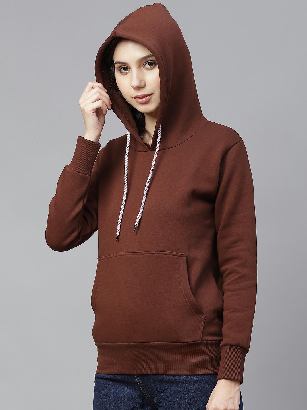 PICOT Women Brown Solid Hooded Sweatshirt