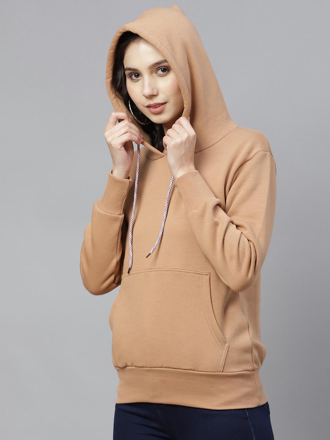 PICOT Women Beige Solid Hooded Sweatshirt