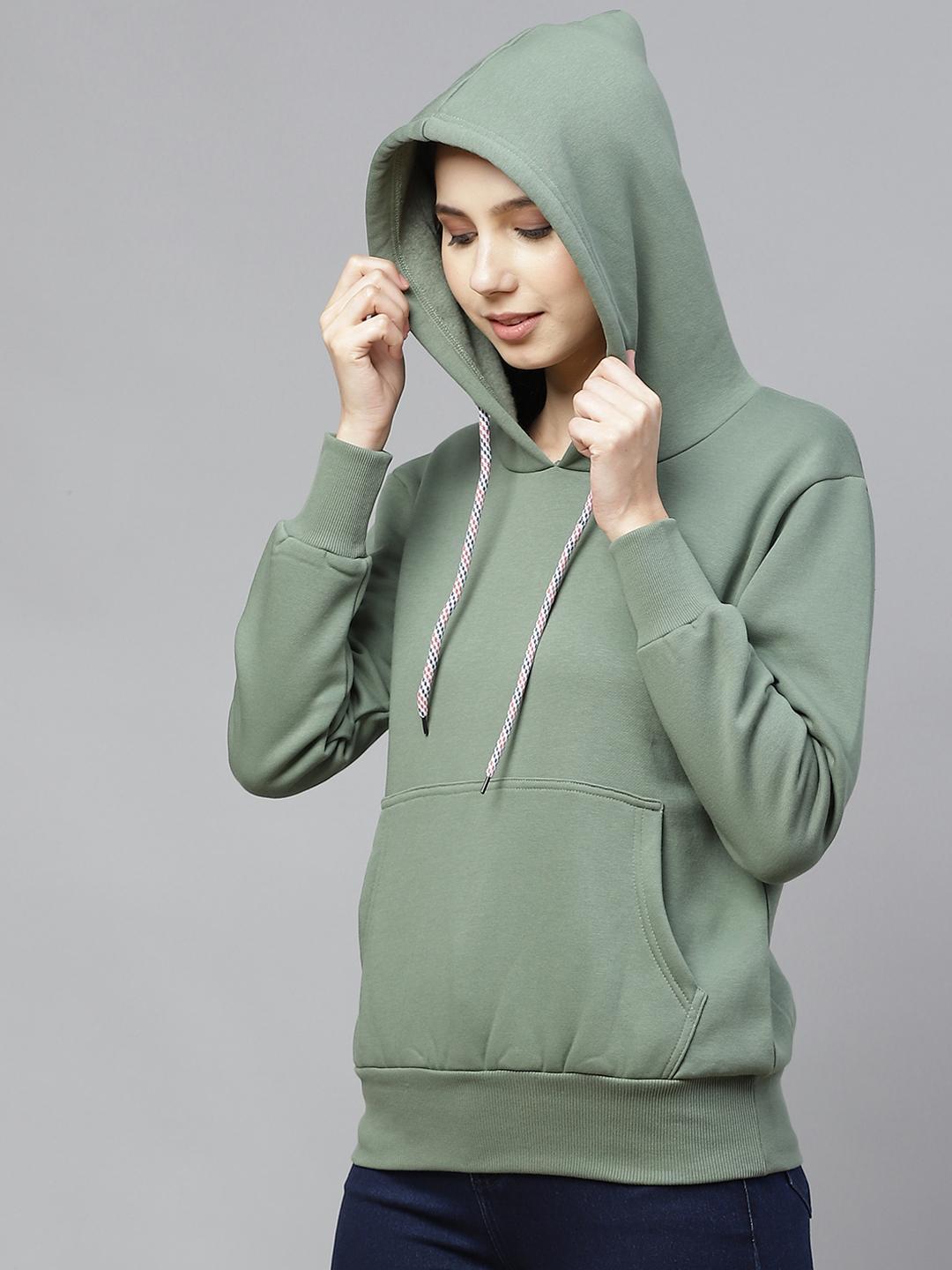 PICOT Women Green Solid Hooded Sweatshirt