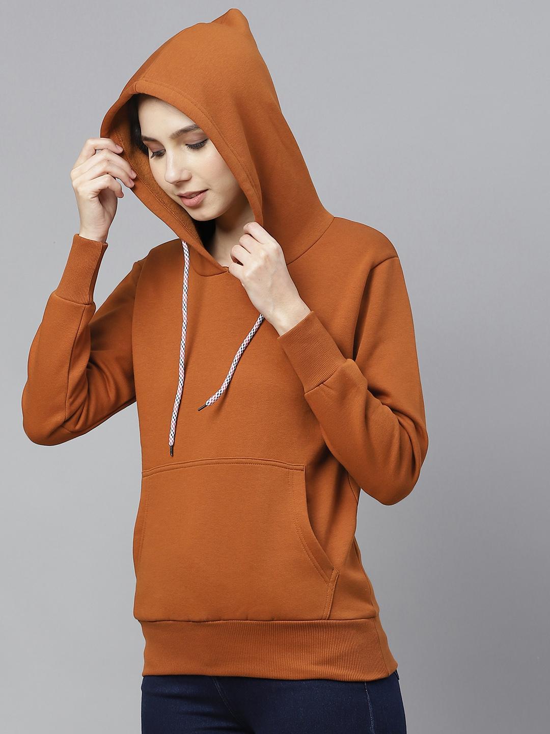 PICOT Women Rust Brown Solid Hooded Sweatshirt