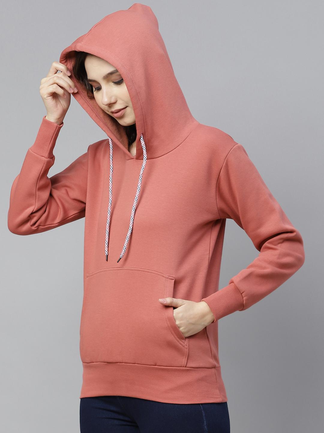 PICOT Women Peach-Coloured Solid Hooded Sweatshirt