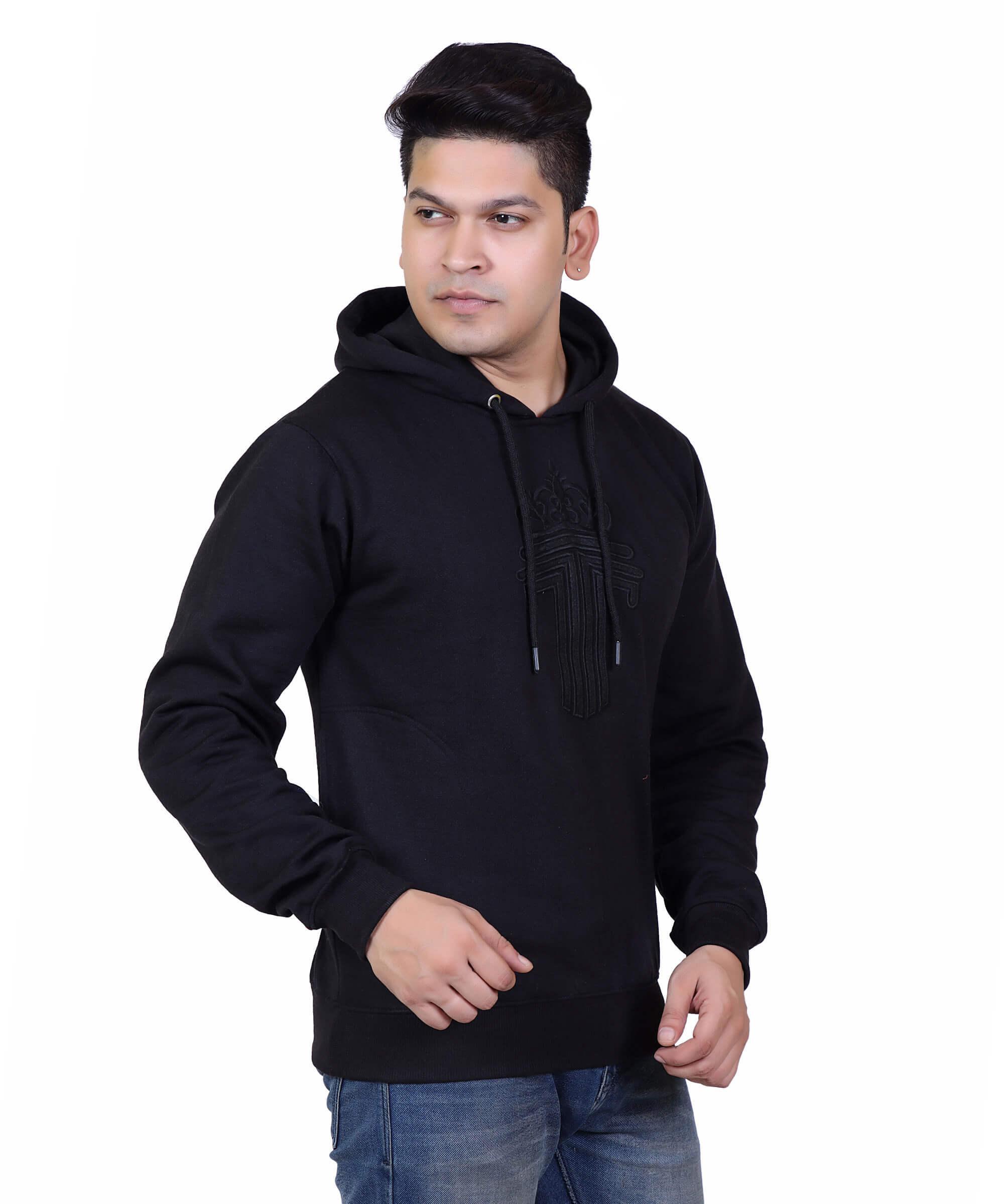Full Sleeve Embroidered Solid Men Hoodies – Black