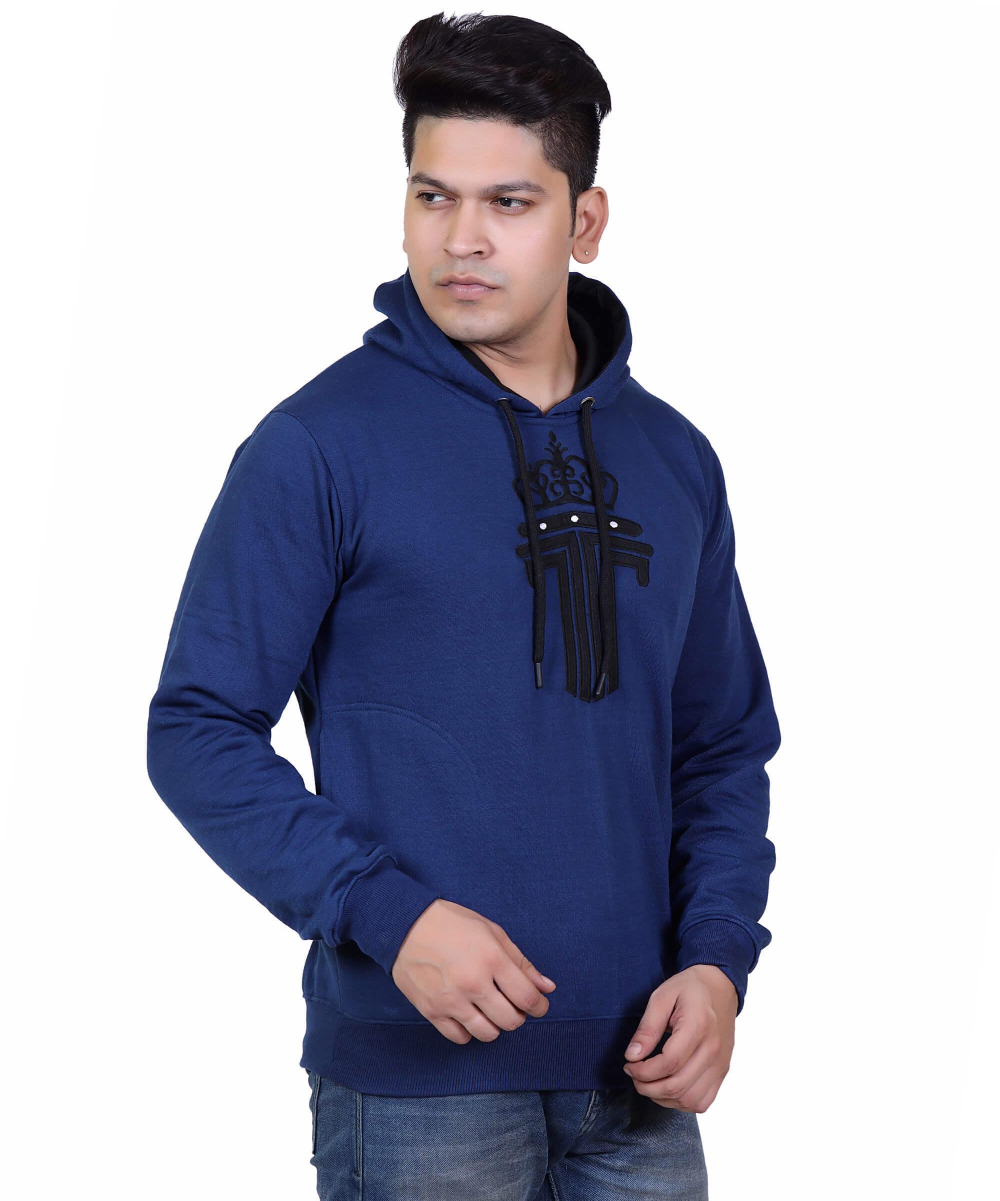 Full Sleeve Embroidered Solid Men Hoodies – Blue