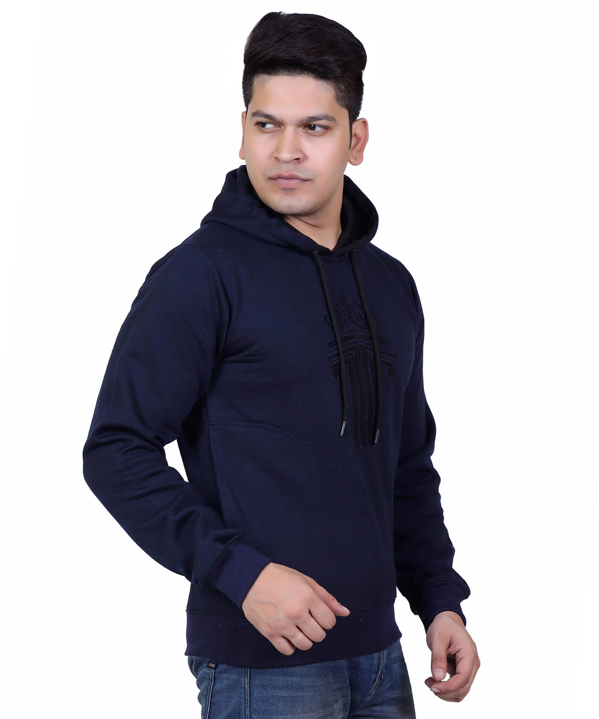 Full Sleeve Embroidered Solid Men Hoodies – Navy Green