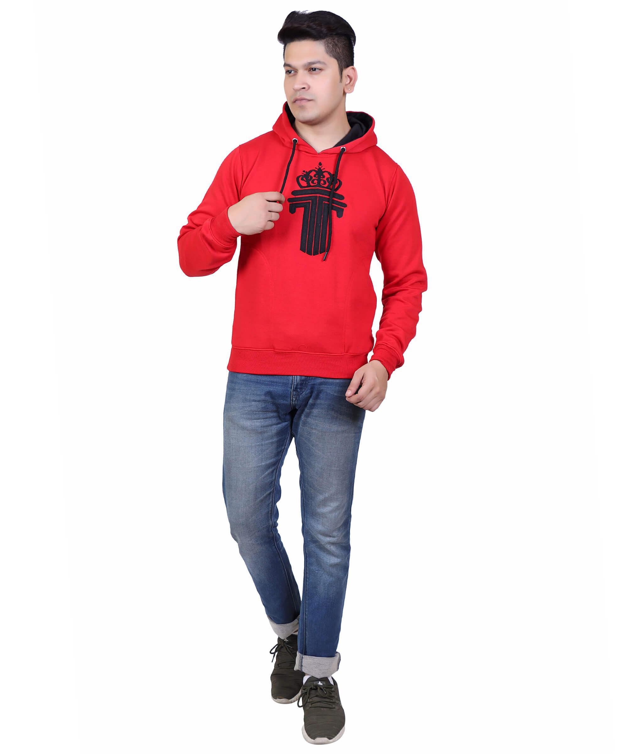 Full Sleeve Embroidered Solid Men Hoodies – Red