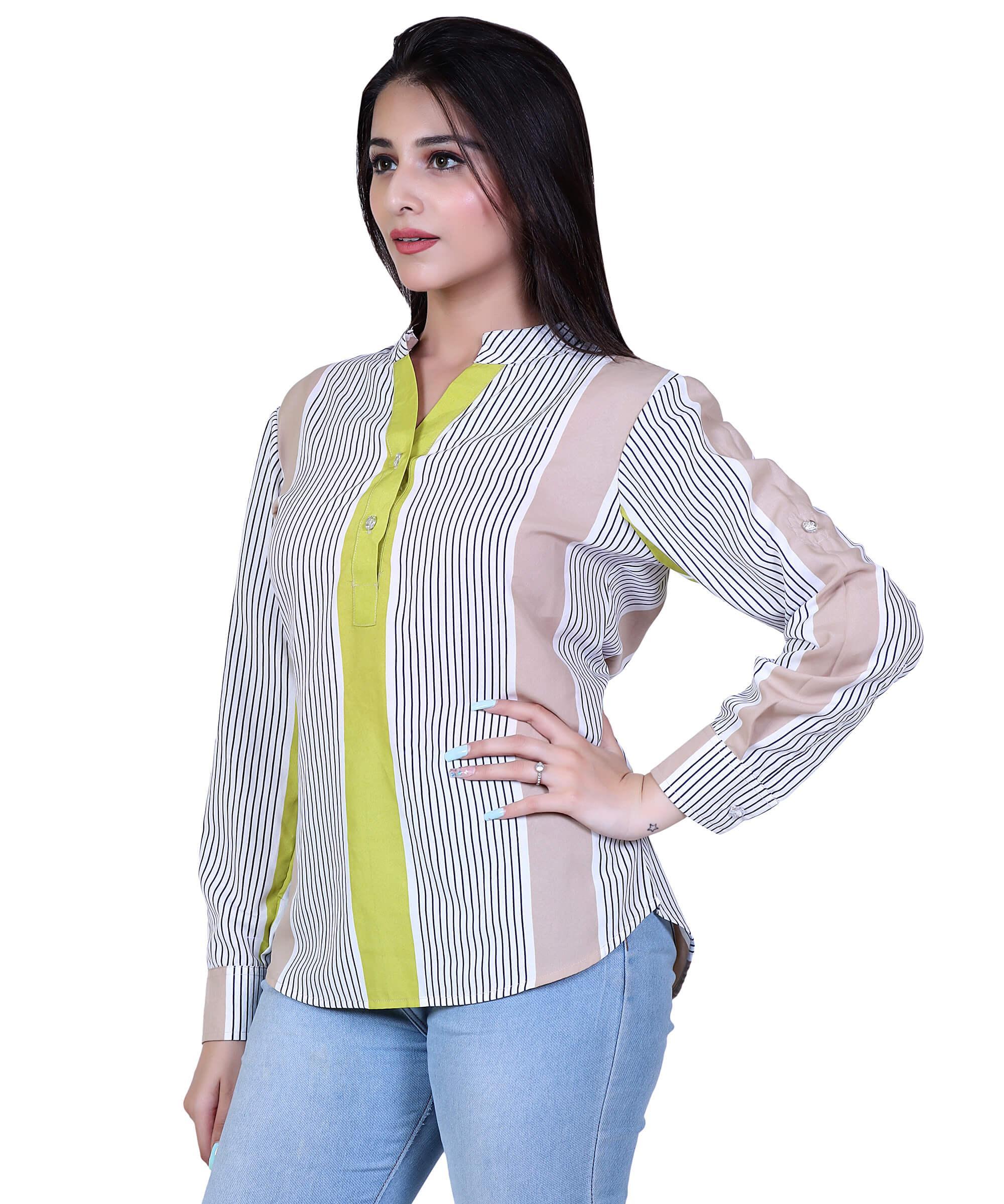 SECT-WT WOMEN TOP PRINT- CREAM GREEN STRIP