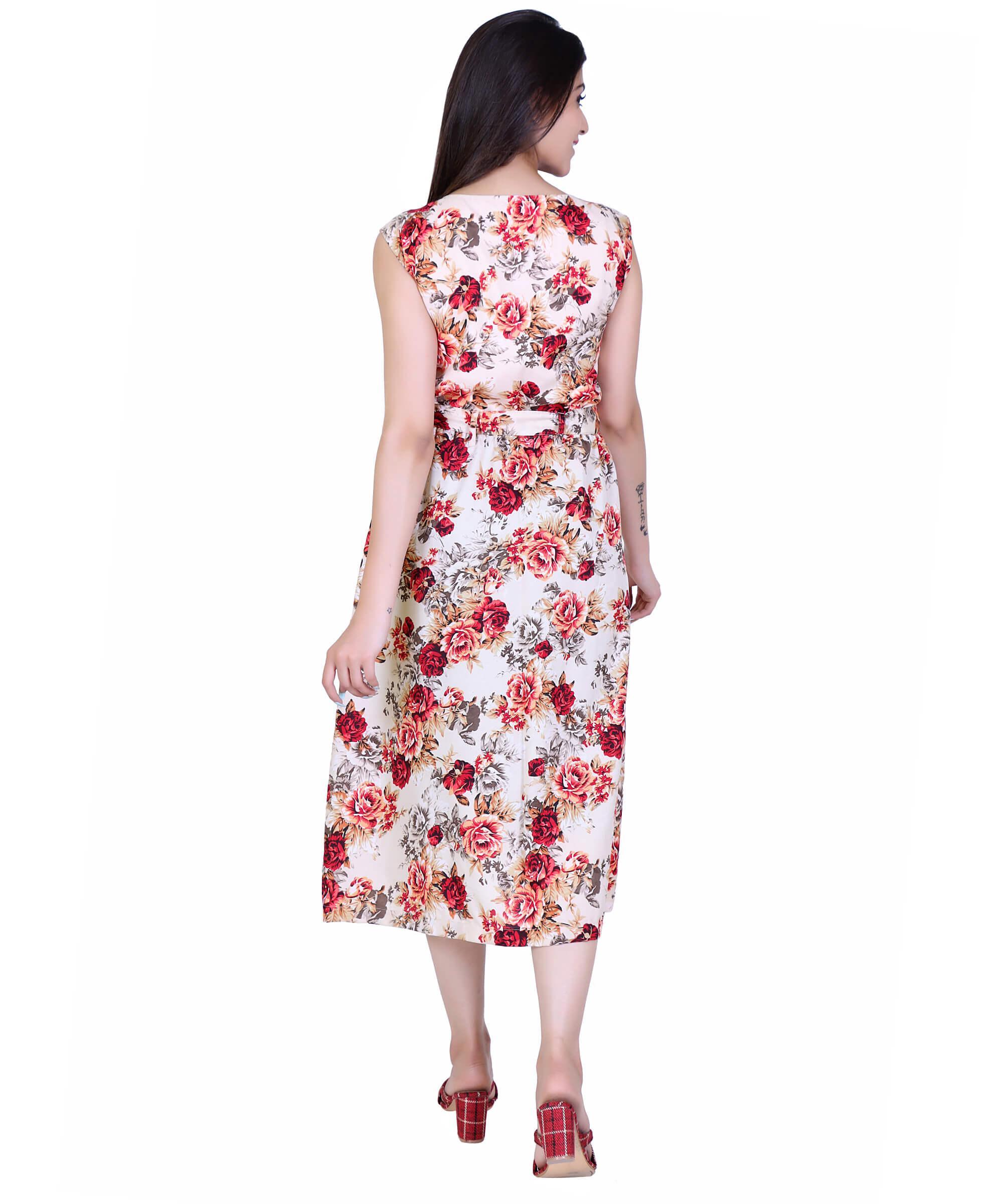 SECT-WWD WOMEN WESTERN DRESS PRINT – CREAM MAROON FLORAL
