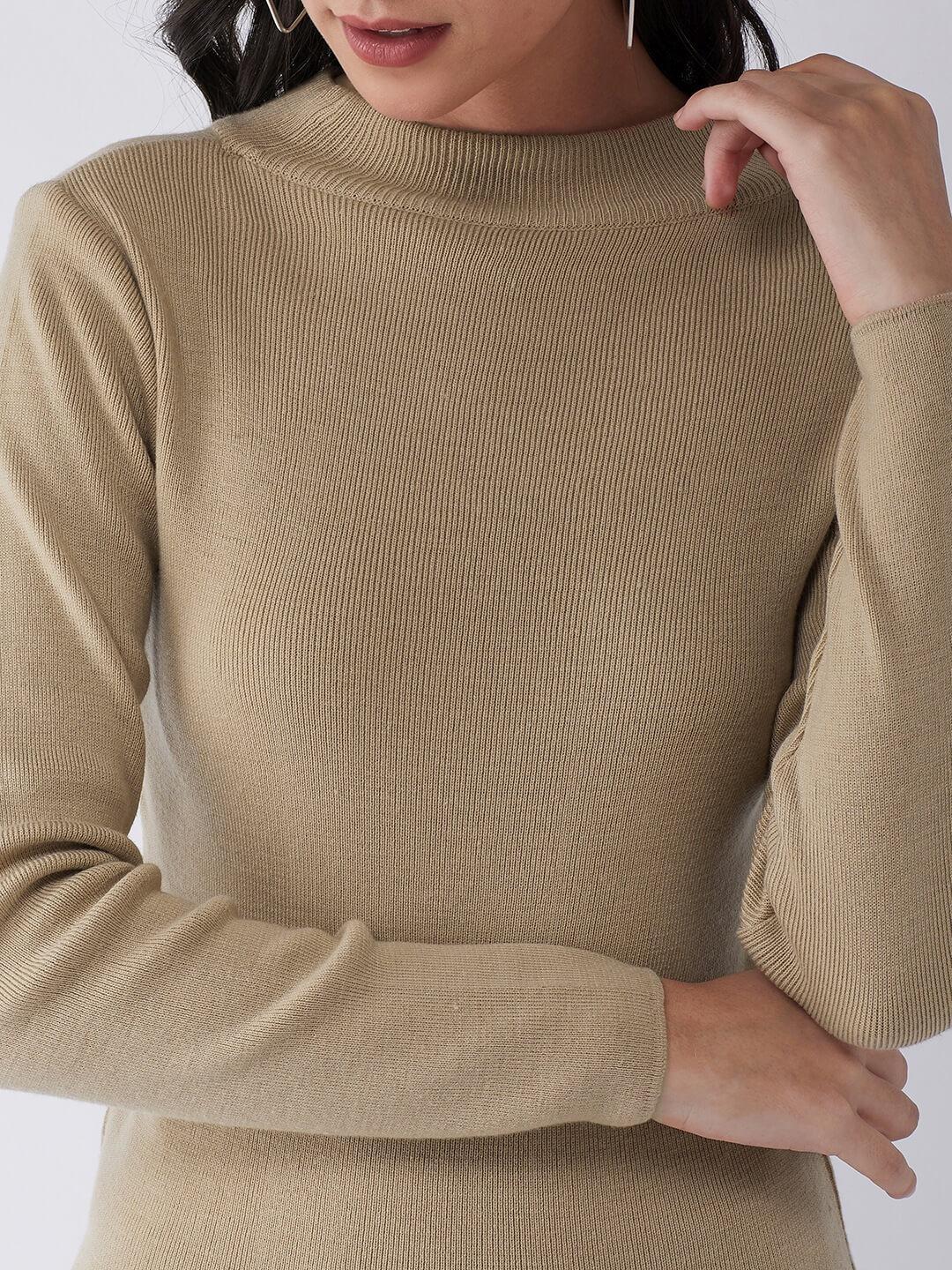 RVK Women Acrylic Beige Solid Pullover Sweater