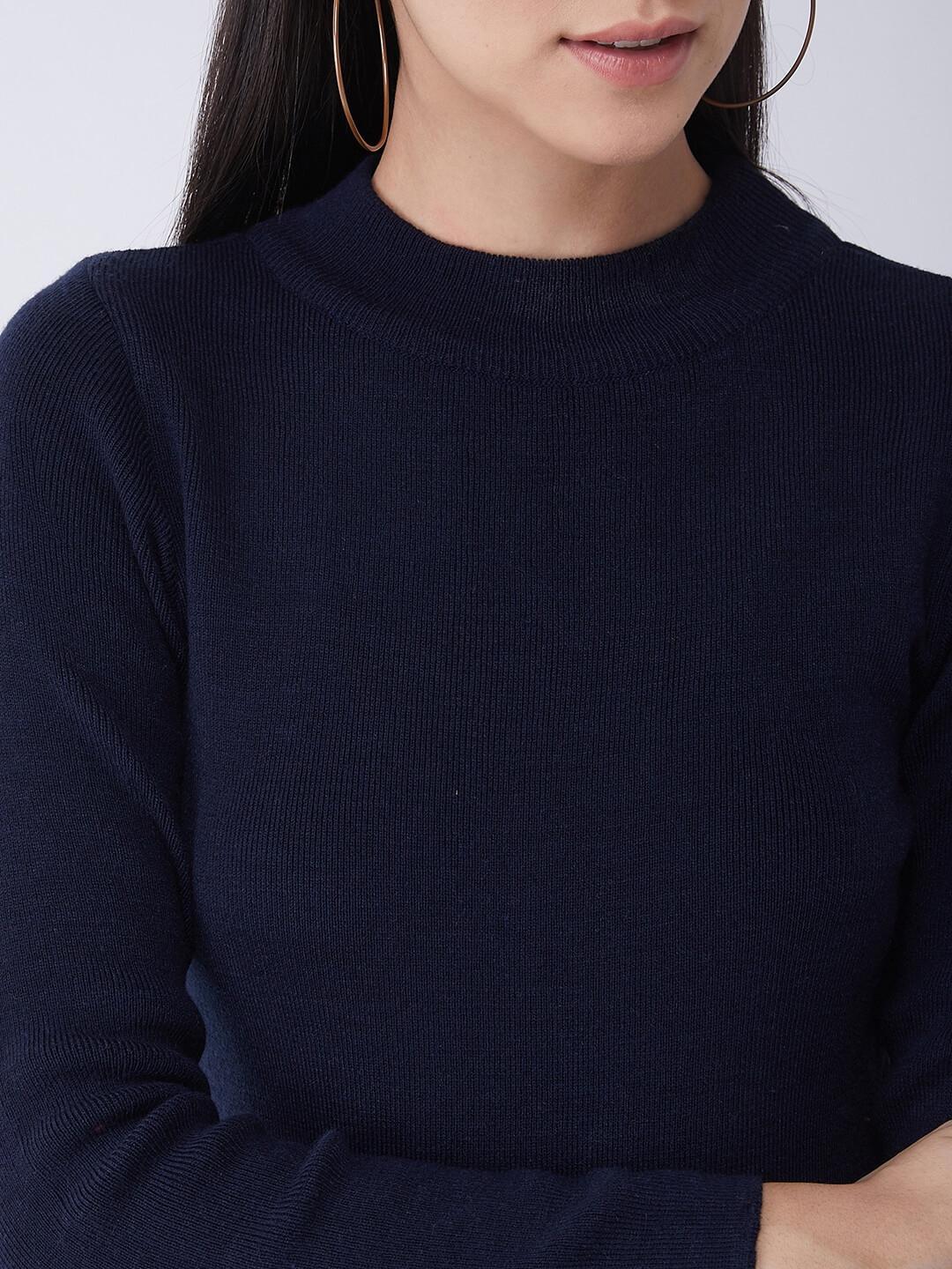 RVK Women Acrylic Navy Blue Ribbed Pullover Sweater