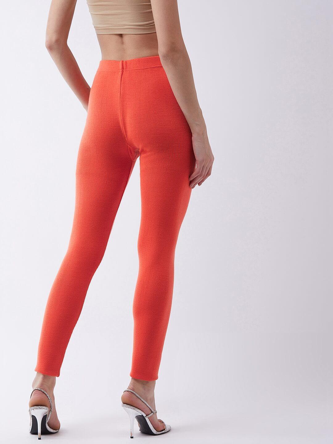 Women Light orange solid slim fit woolen leggings