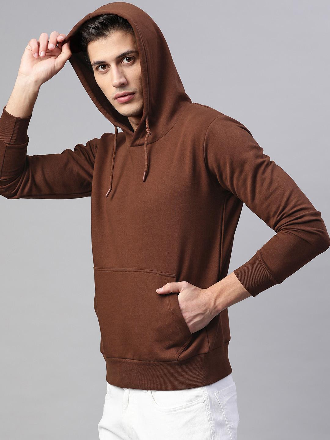 Men Brown Solid Hooded Sweatshirt
